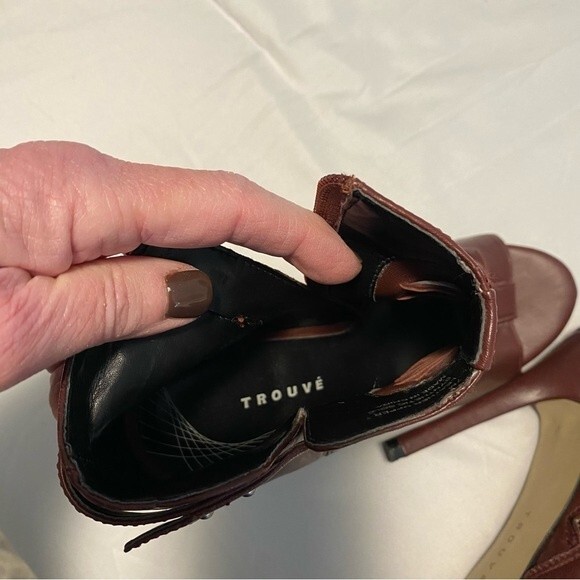 Trouve Peep Toe Leather Boot Chocolate Brown Stiletto Heel Cut Out Design Size 7 - Picture 11 of 15